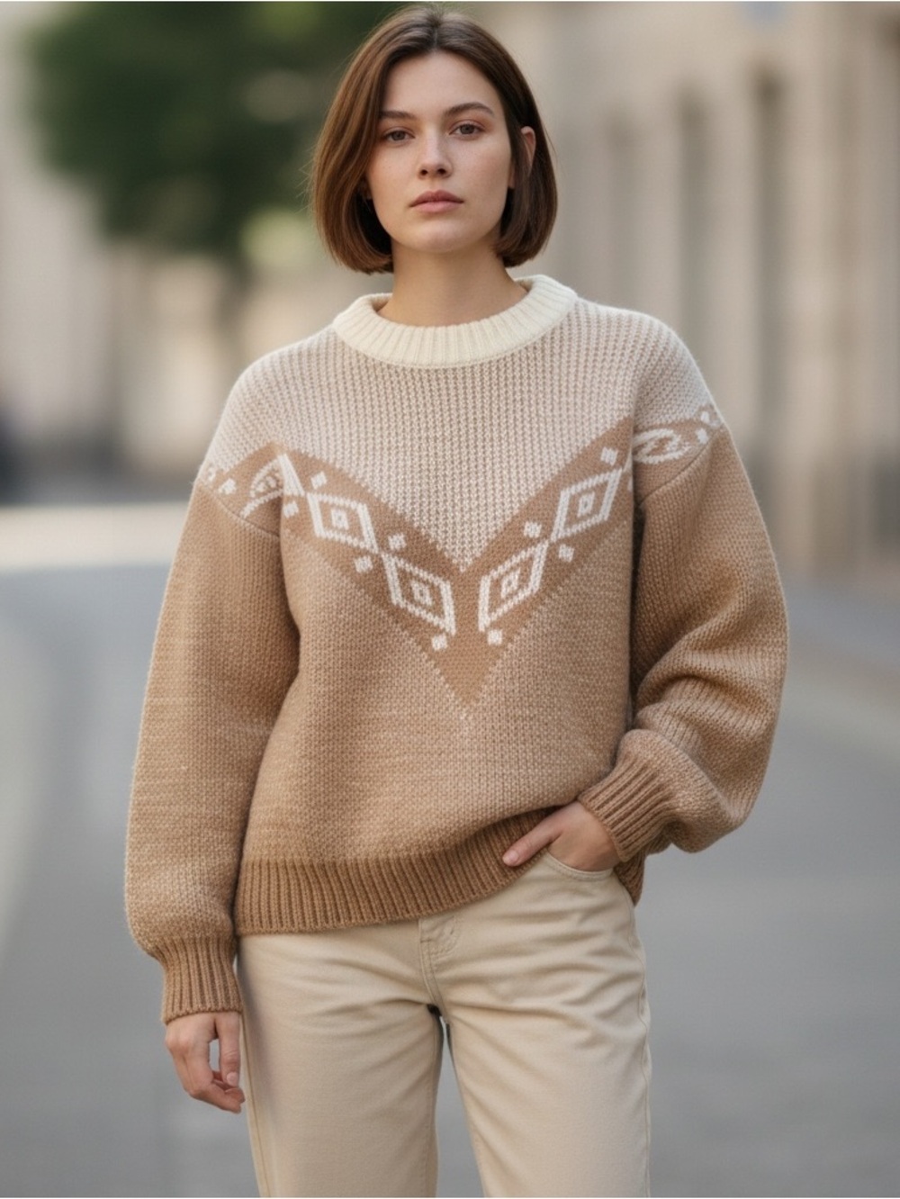 VINTAGE sz Small Sweater Chunky Knit Crewneck Beige Cream Made in the USA 🇺🇸